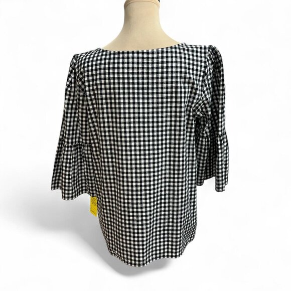 Time & Tru Women’s Black White Gingham Bell Sleeve Cotton Blouse Size Small - Picture 3 of 6